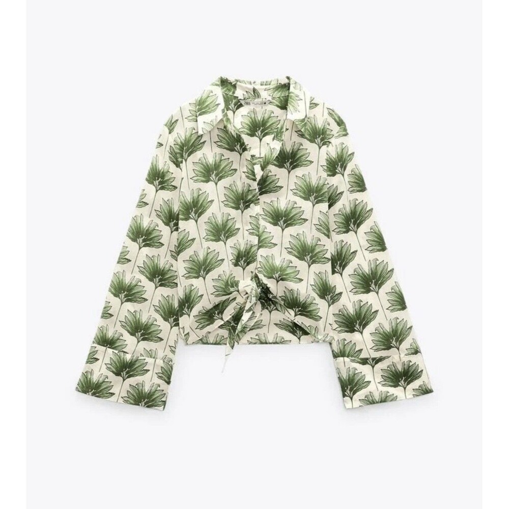 Zara Tropical Palm Leaf Print Tie Front Cropped Button Up Shirt Long Sleeve L
